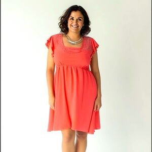 Torrid Coral A-Line Midi Dress Size 3 Lace Ruffle Sleeves V-Neck